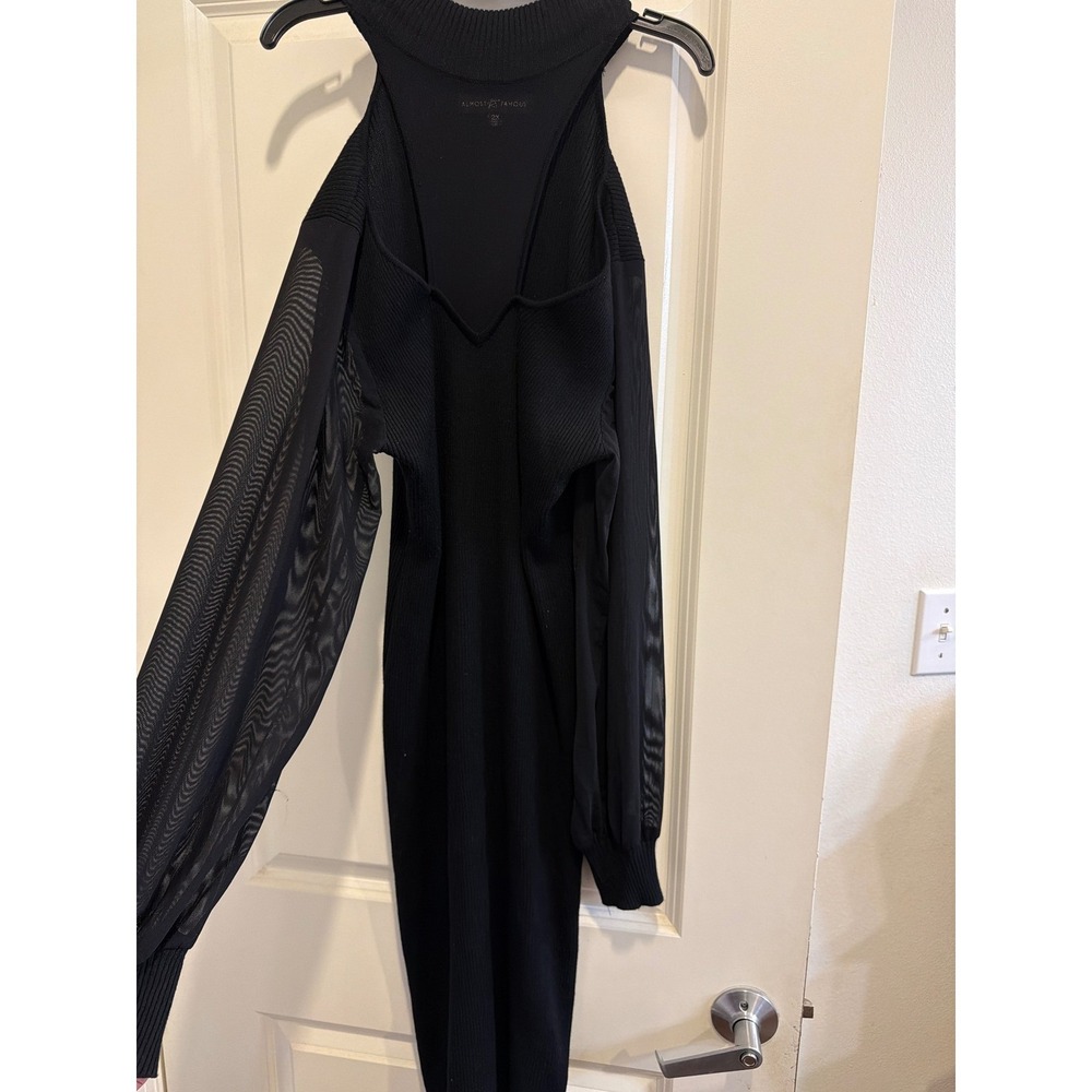 Almost Famous Women Black Ribbed Cold Shoulder Mesh Sleeve Midi Dress 2X P200134